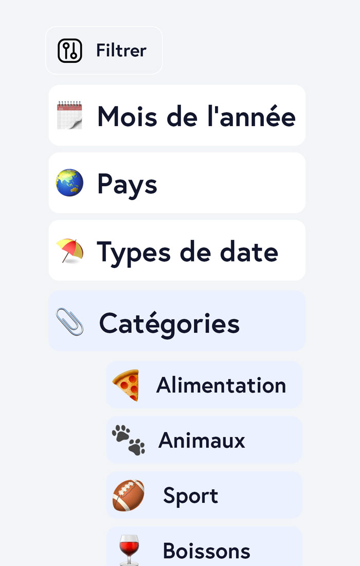 Filtrer par type, univers et pays